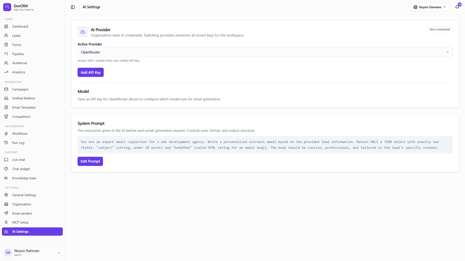 AI settings for natural language CRM automation