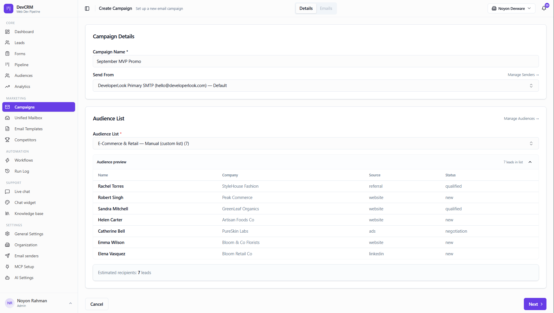 Campaign details and engagement setup