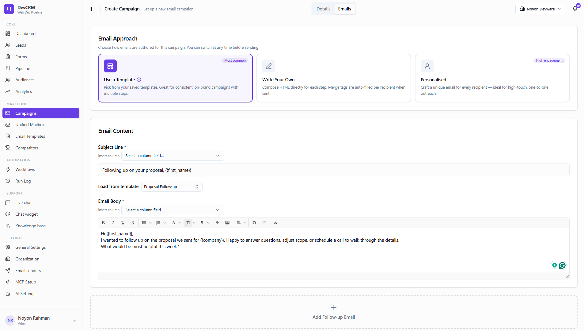 Campaign email approach: use template