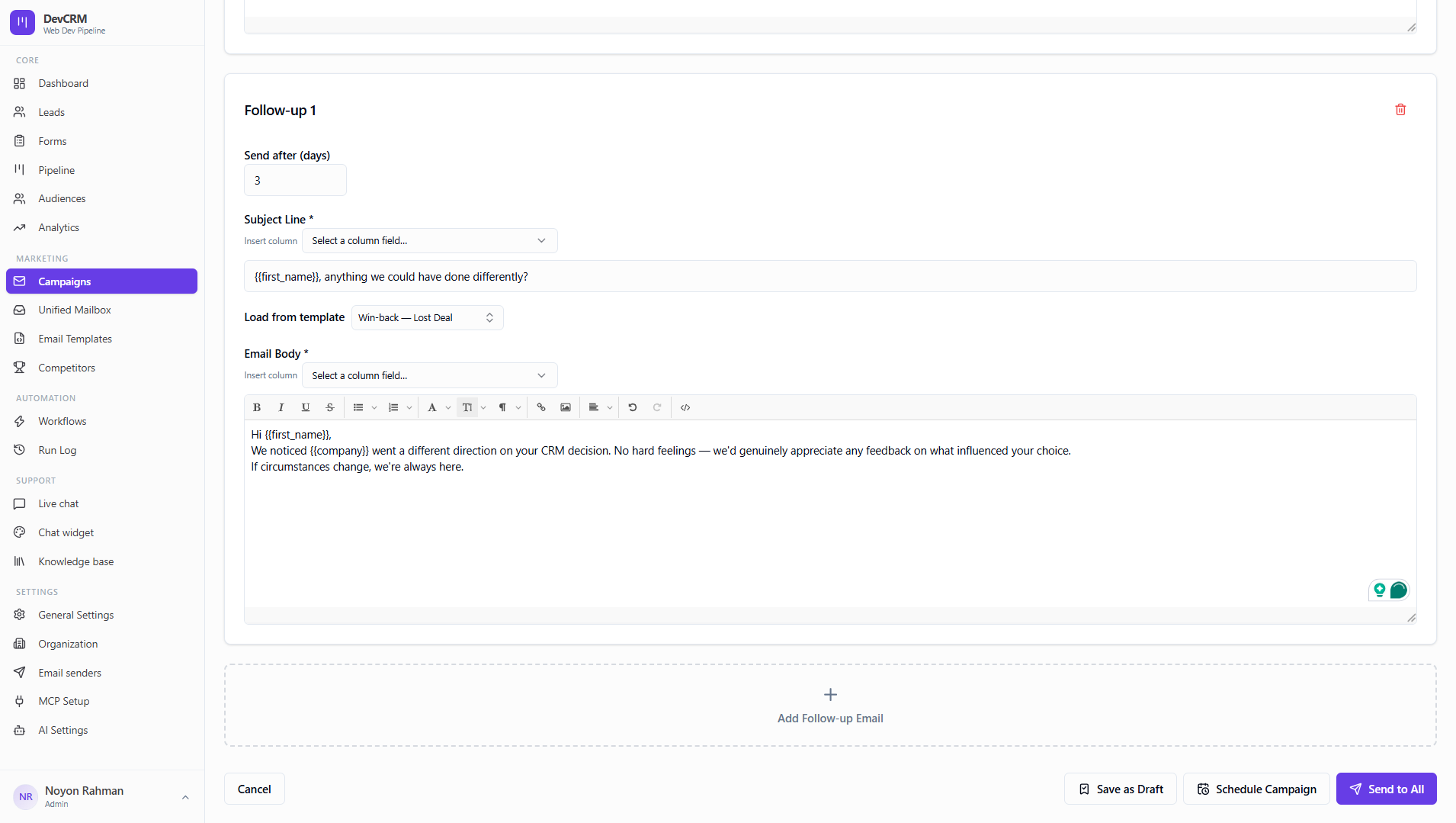 Multi-step follow-up email sequence builder