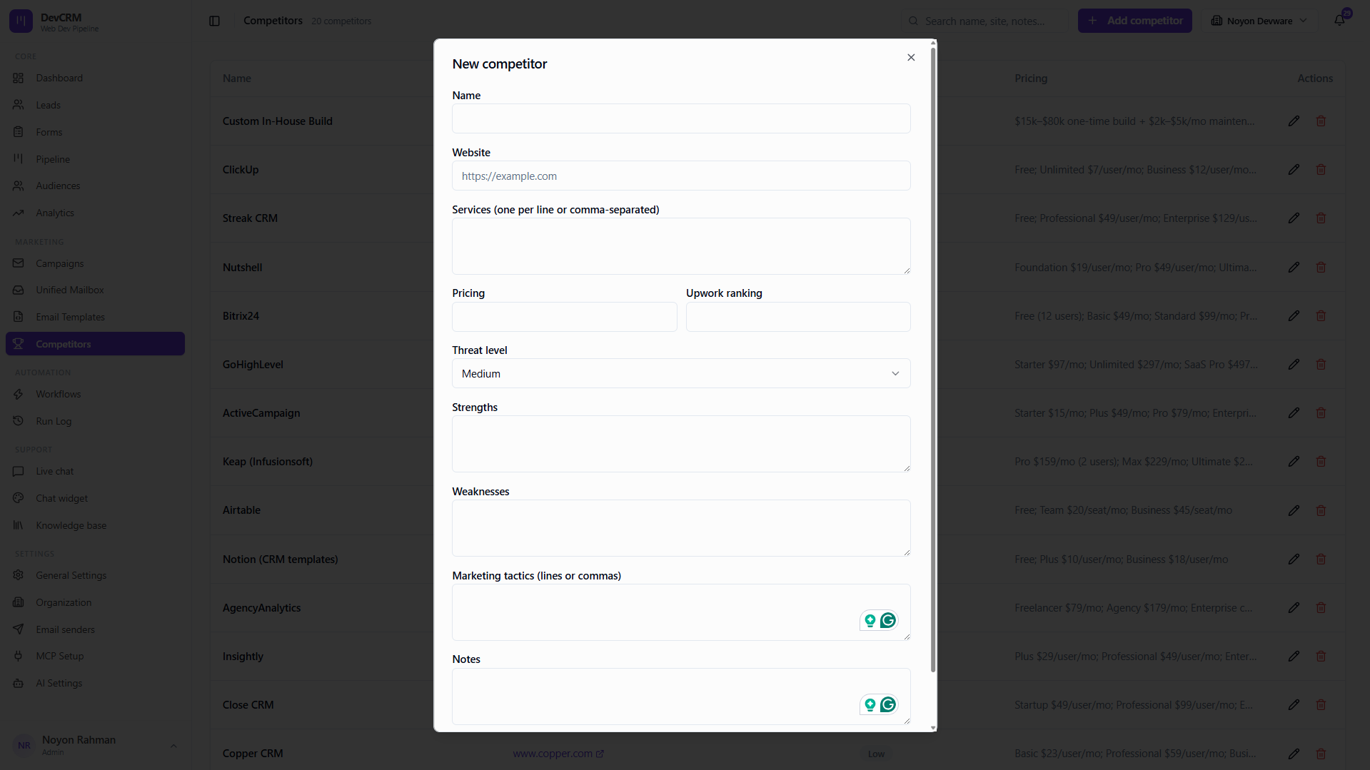 Add and tag competitors on deals