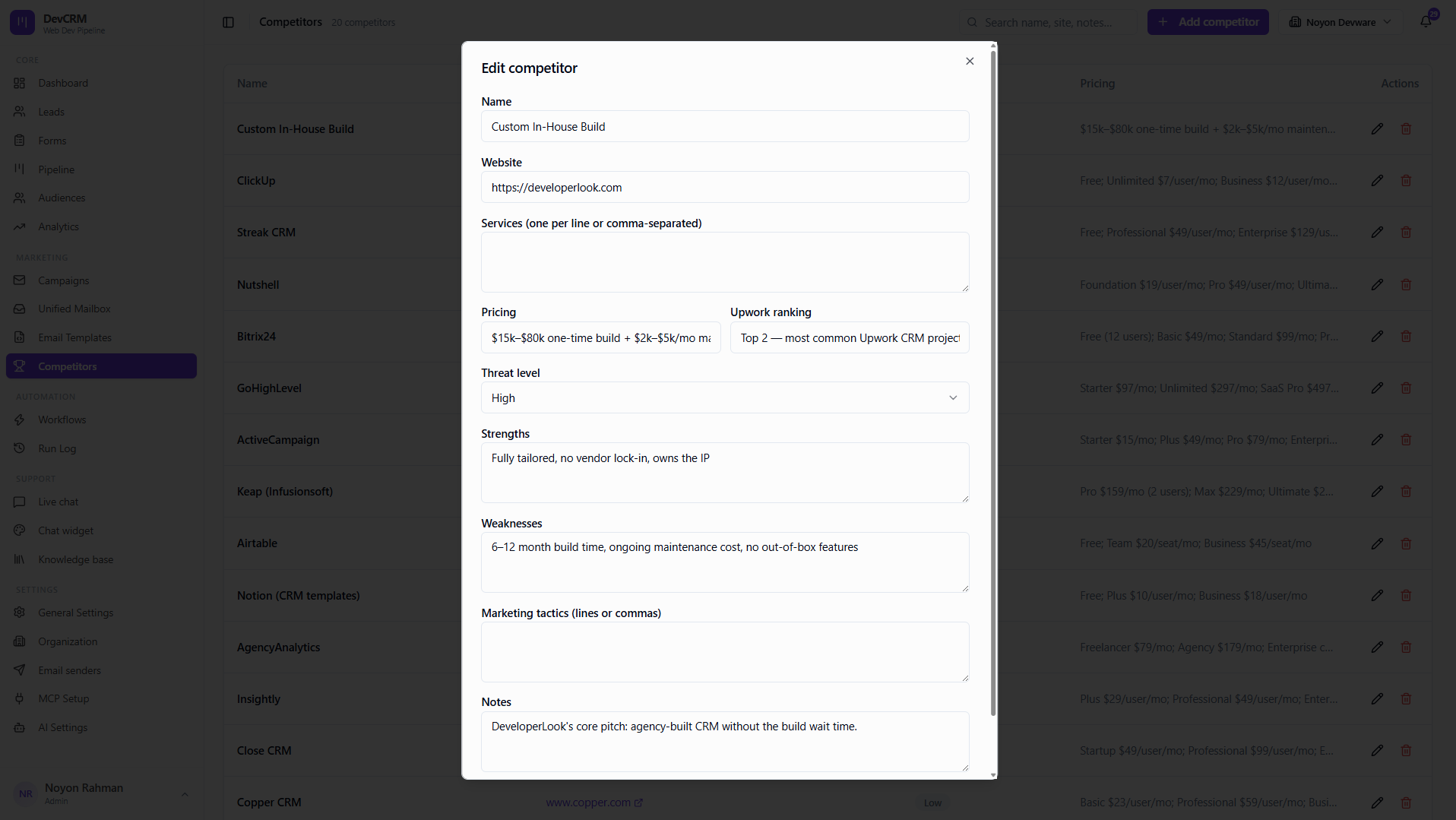 Edit competitor battlecard profile