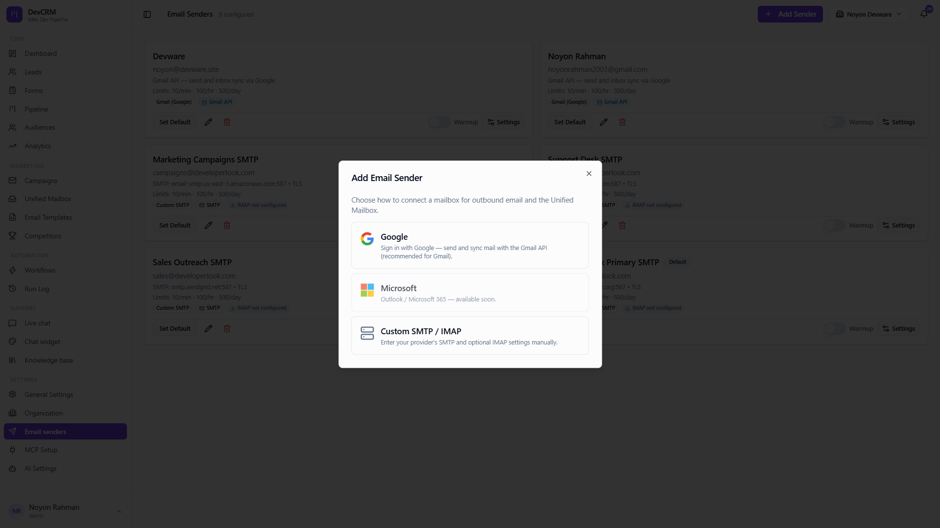 Add email sender options: Google, Microsoft, Custom SMTP