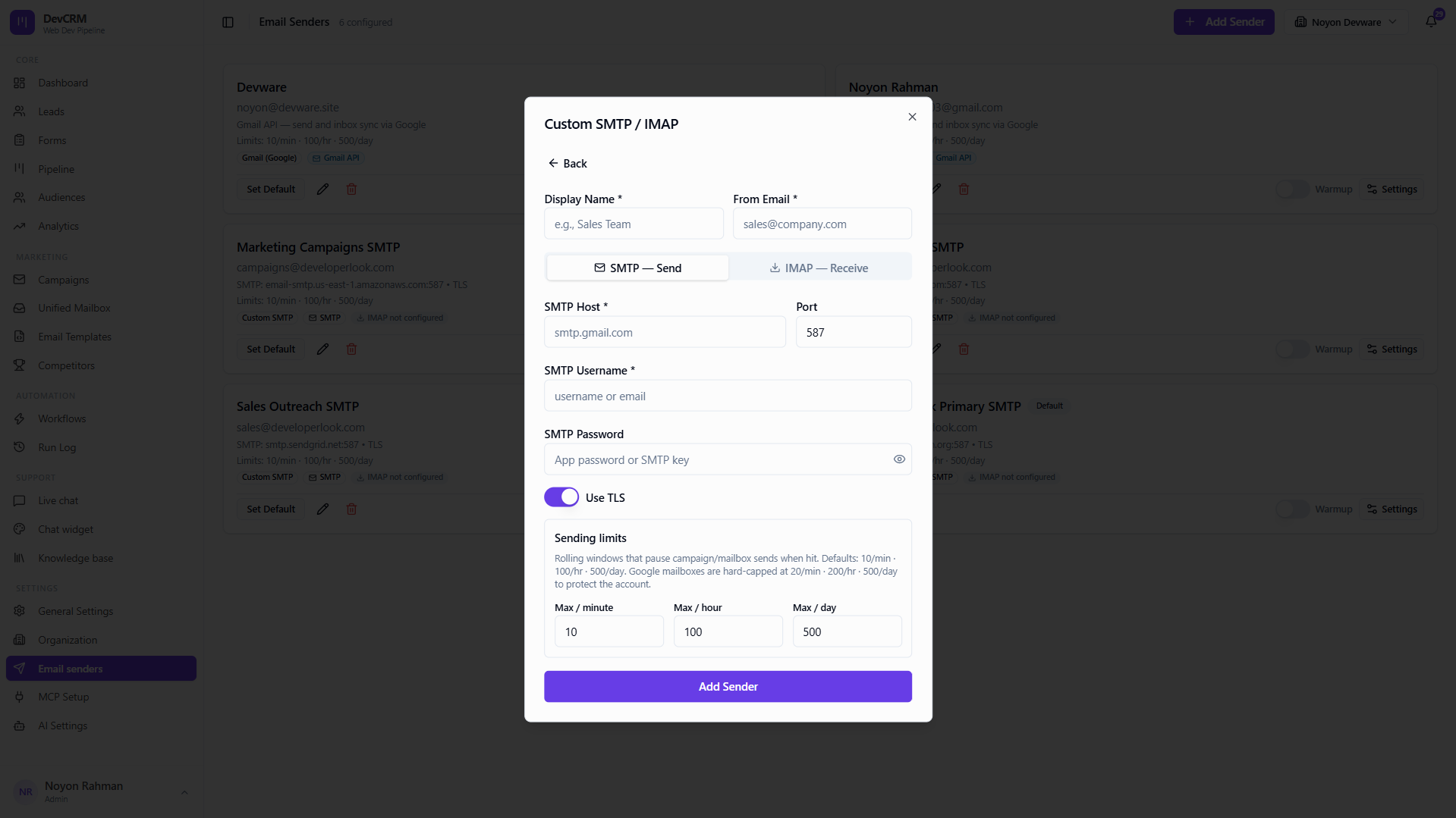 Add email sender via custom SMTP