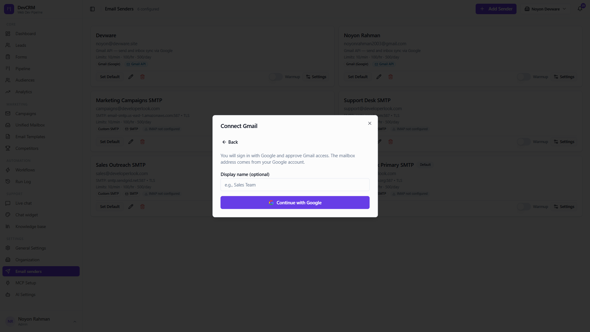 Add email sender via Gmail