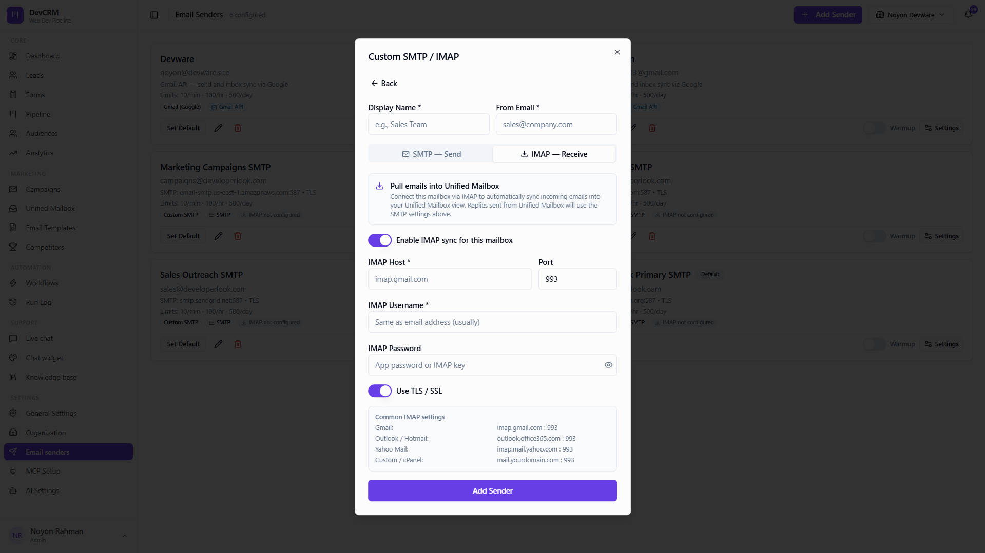Configure IMAP receive for a sender