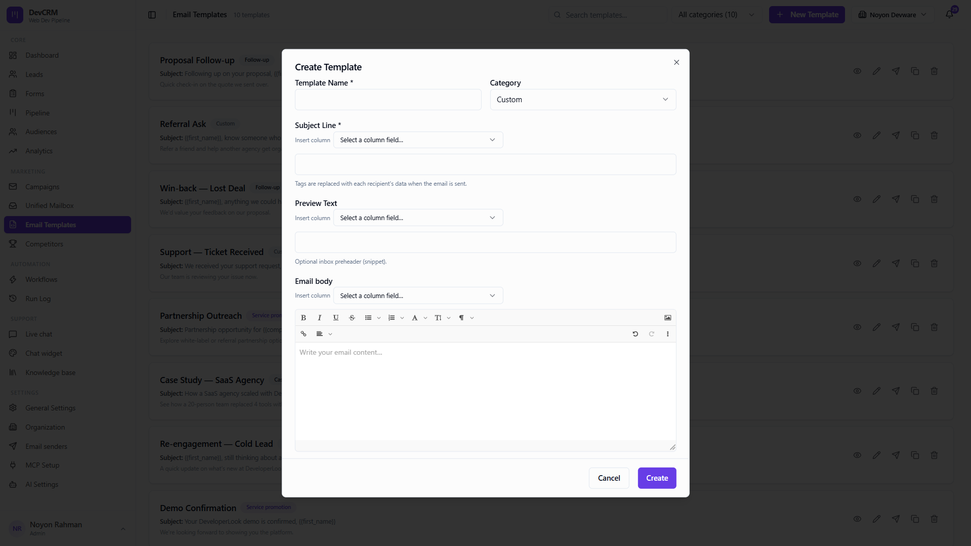 Create a new email template