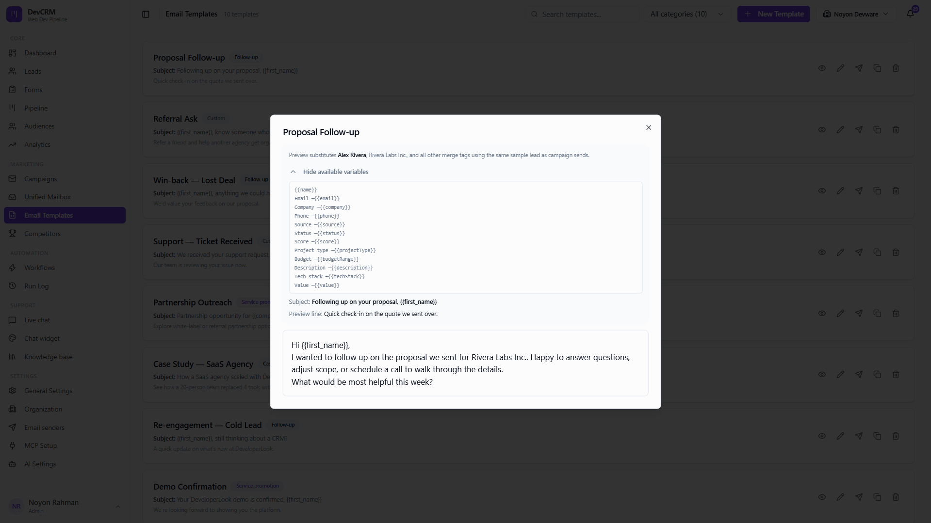 Email template preview with merge tags