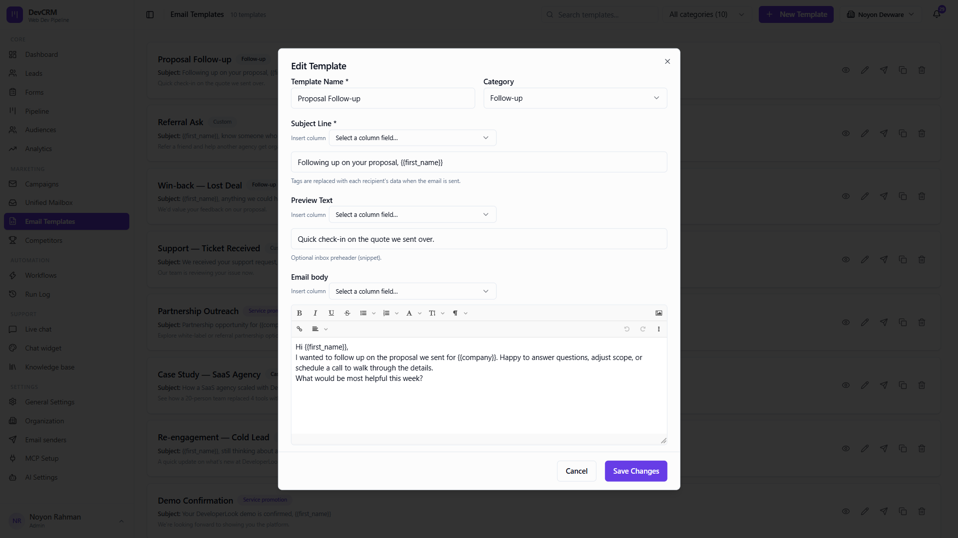 Edit email template for campaign reuse
