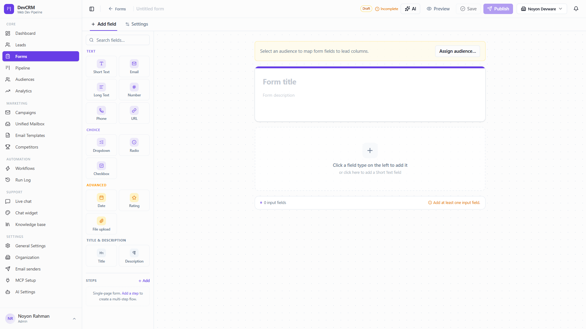 Create a new lead capture form
