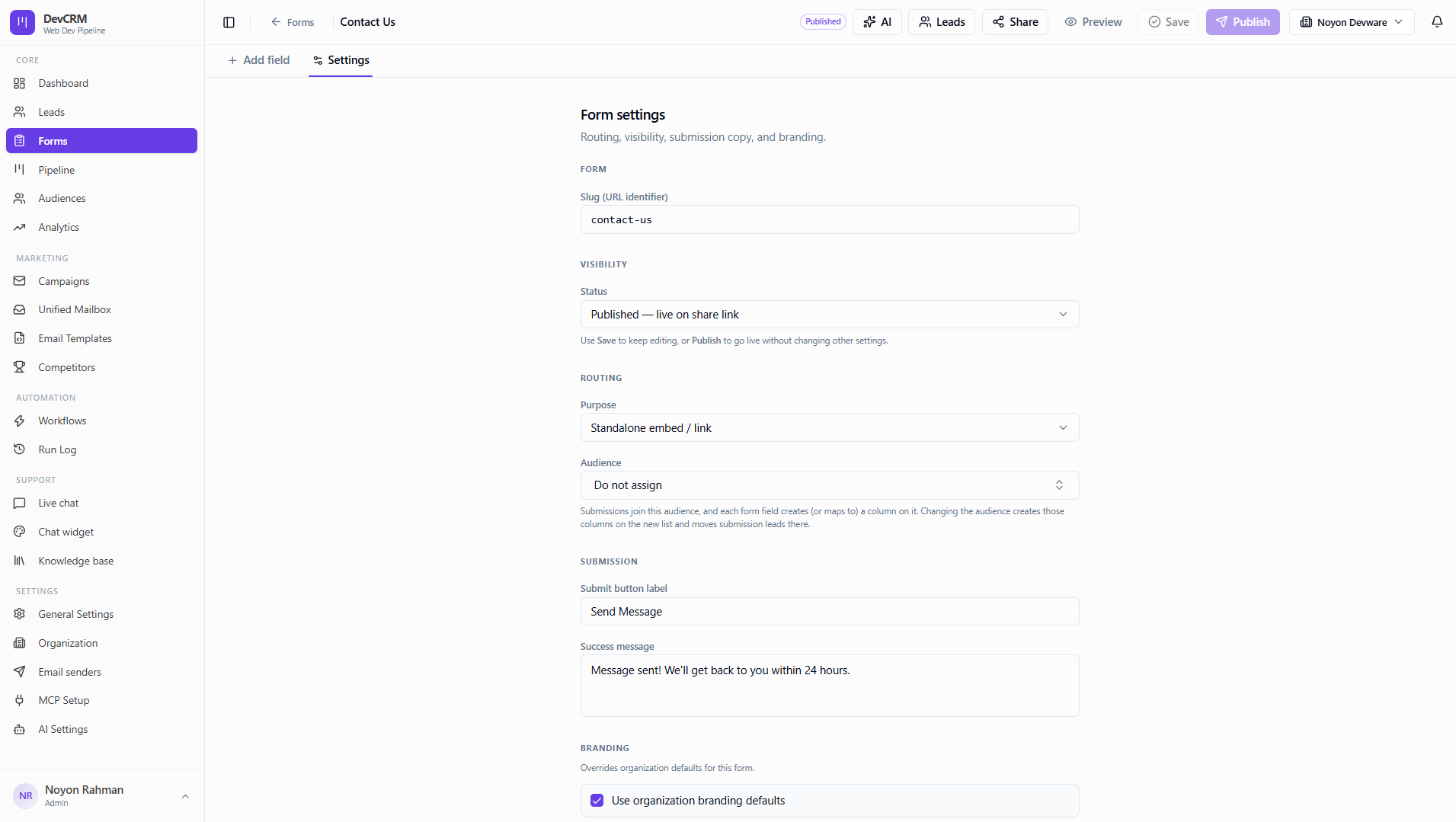 Form settings panel