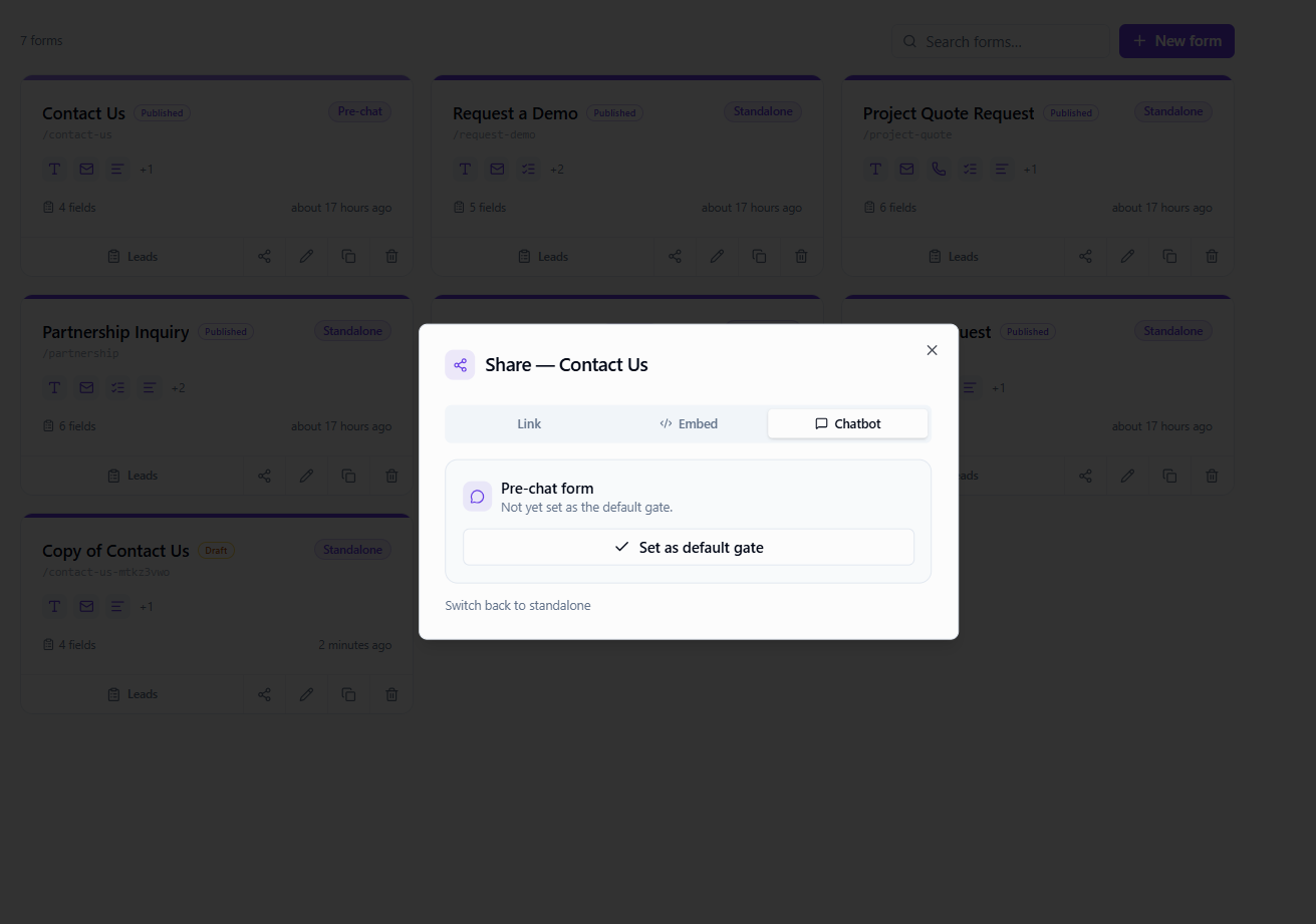 Share form with chatbot / pre-chat