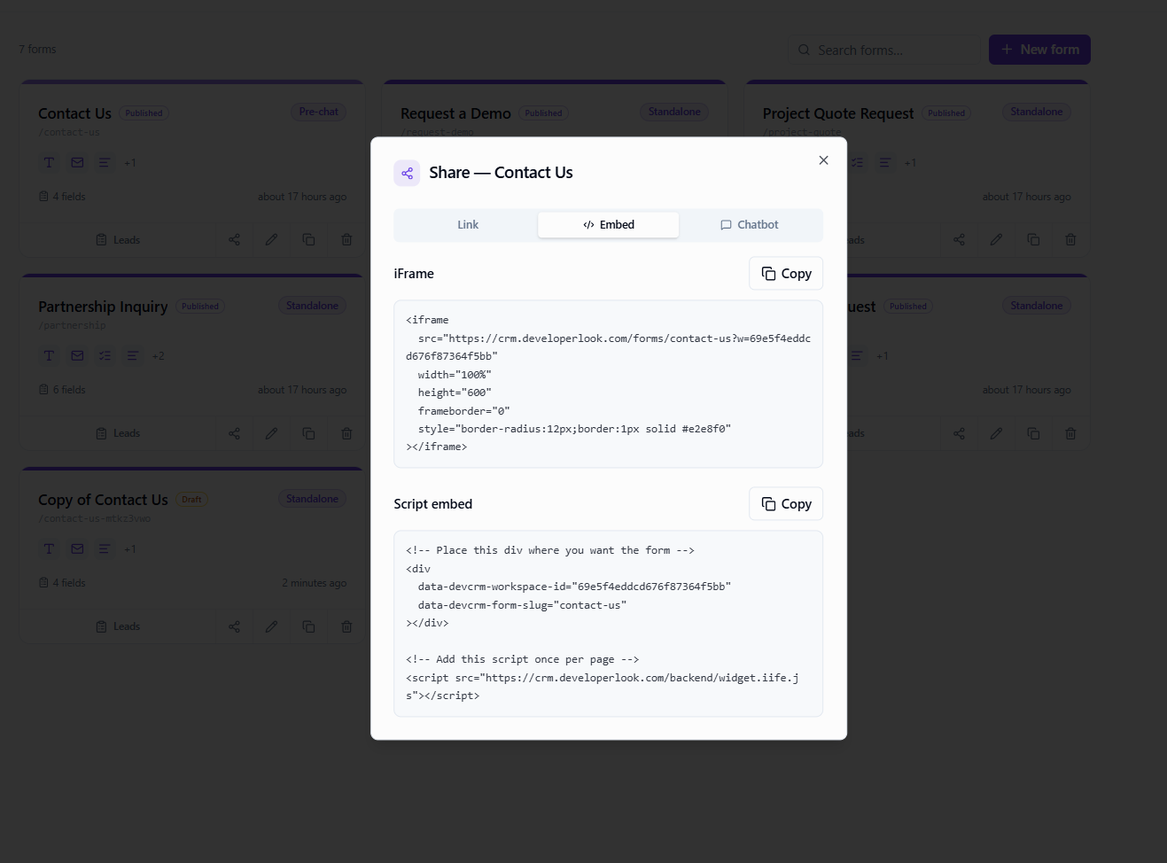 Embed form code options