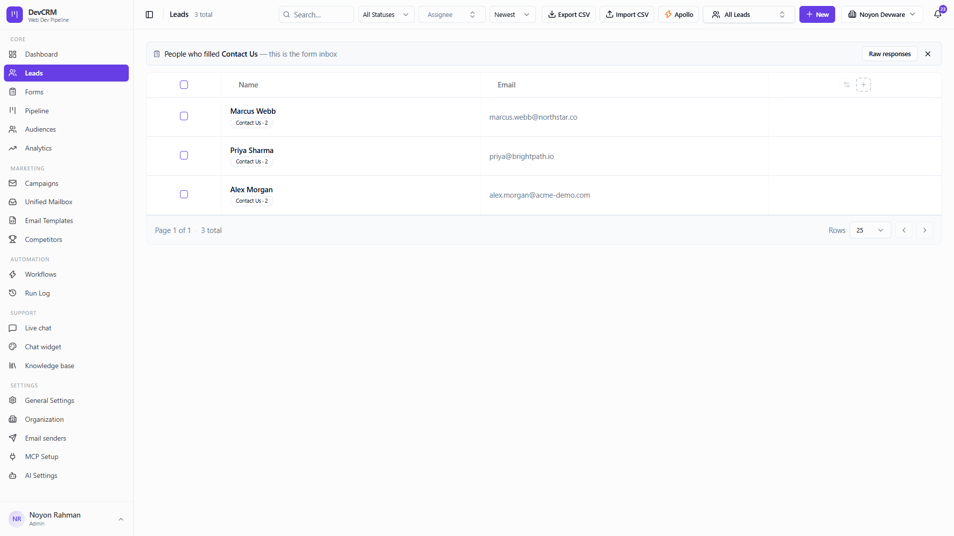 Form submissions routed as CRM leads