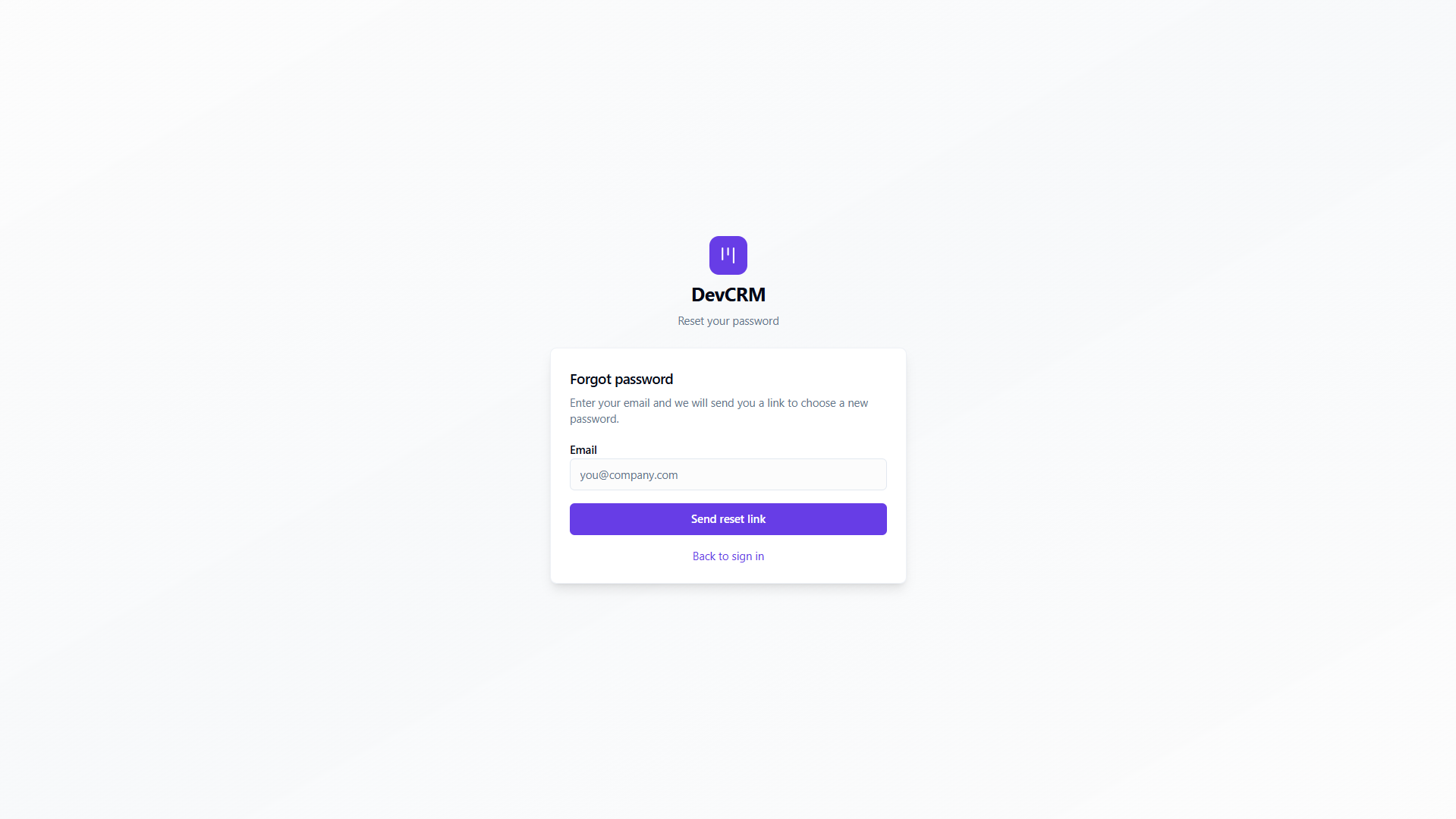 DevCRM forgot password and reset flow