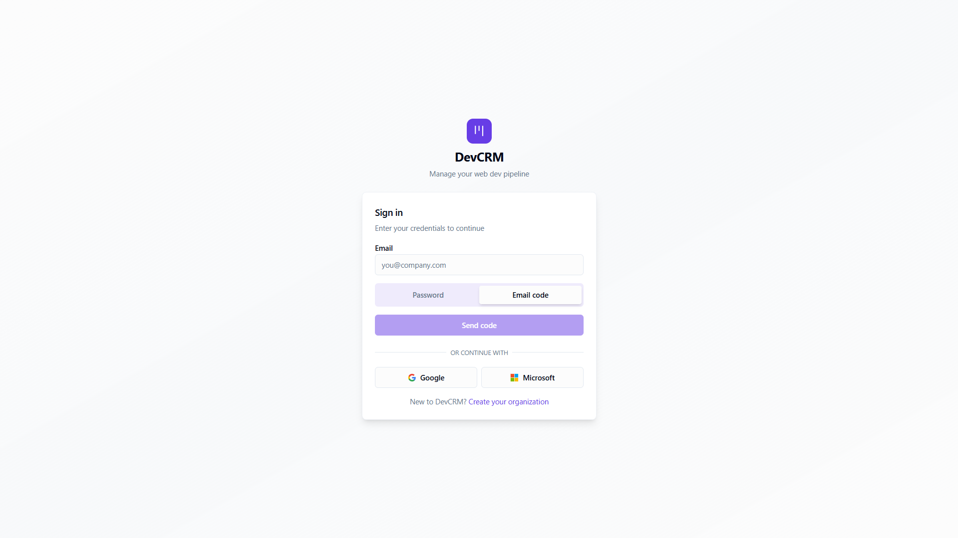 DevCRM passwordless login with email code