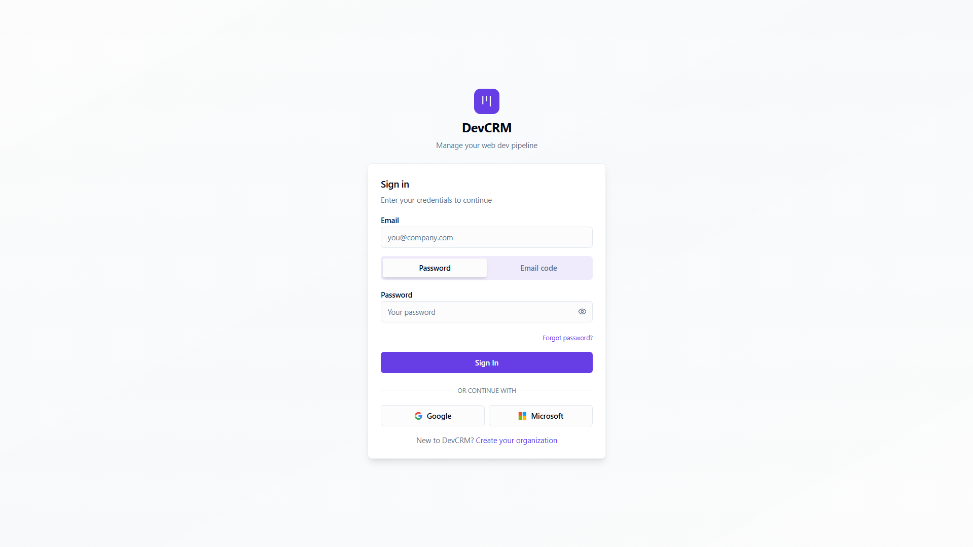 DevCRM login with email and password