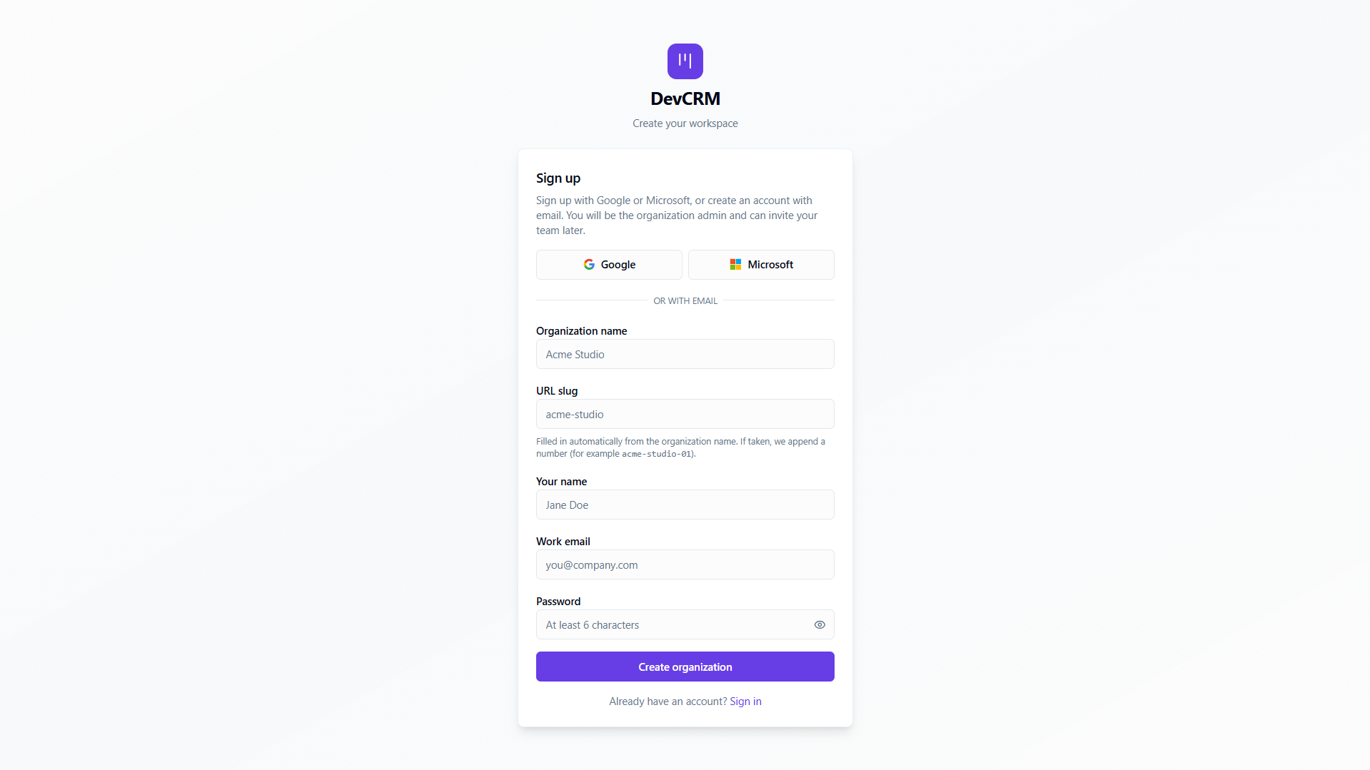 DevCRM sign-up page