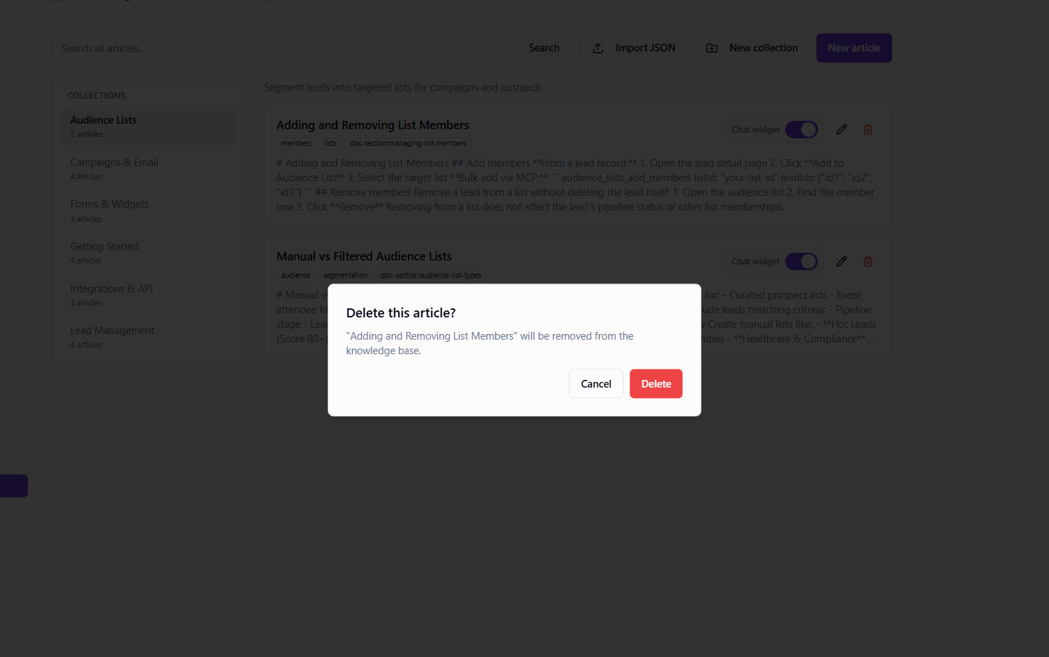 Delete knowledge article