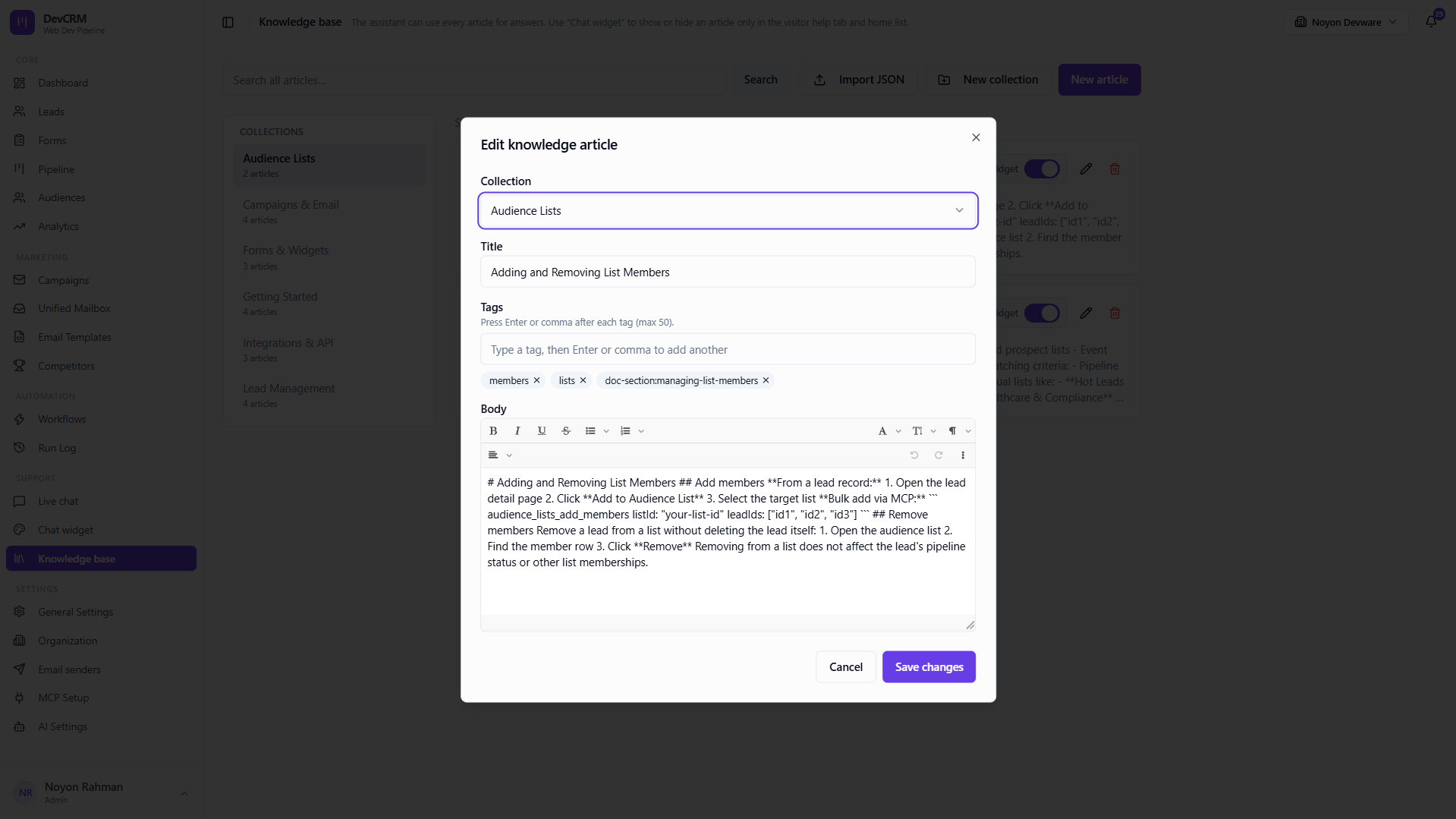 Edit a knowledge base article