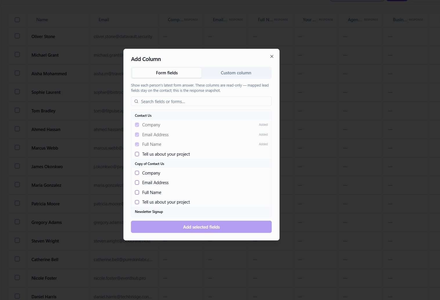 Add column from form fields on the Leads table