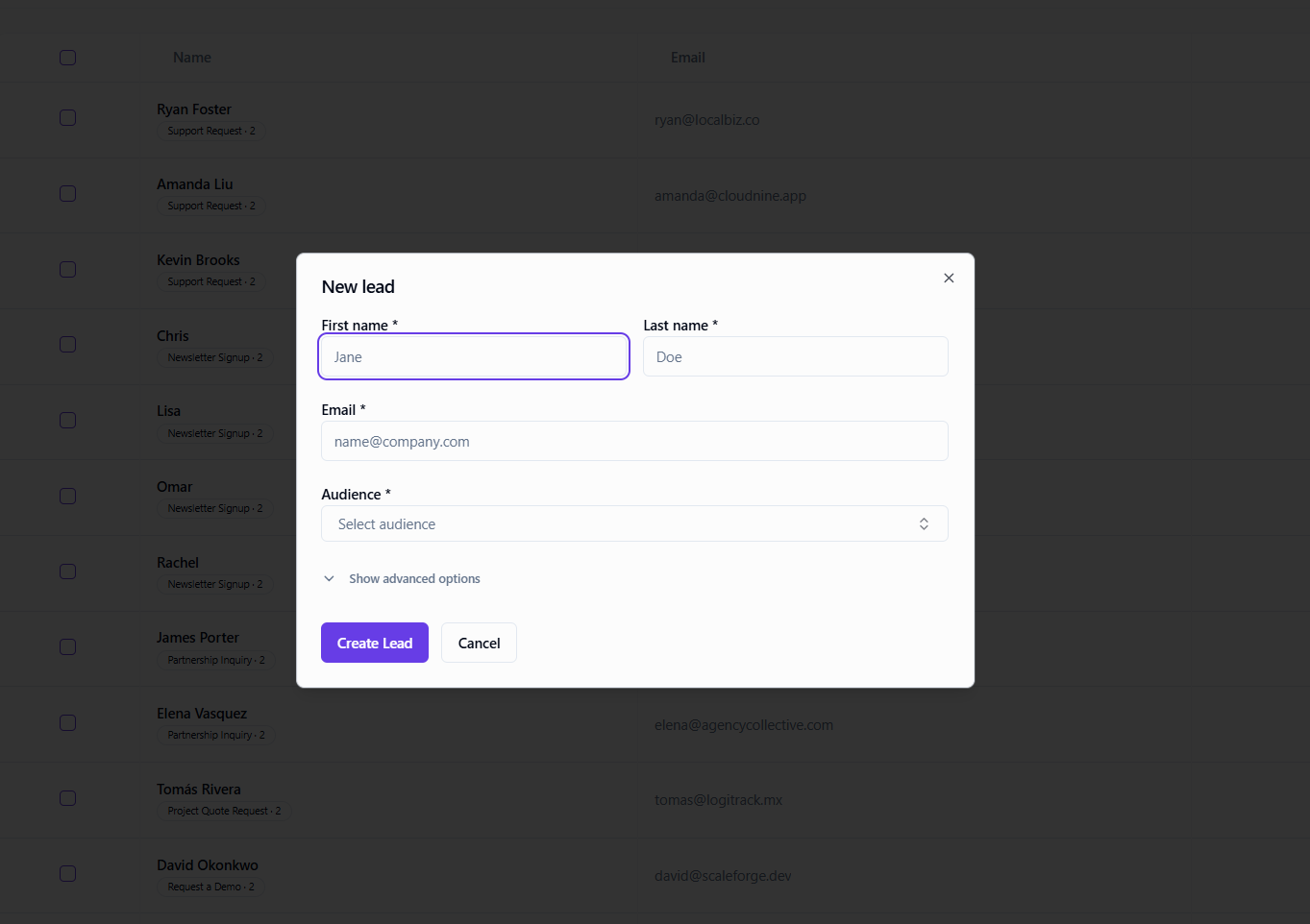 New lead modal with first name, last name, email, and audience