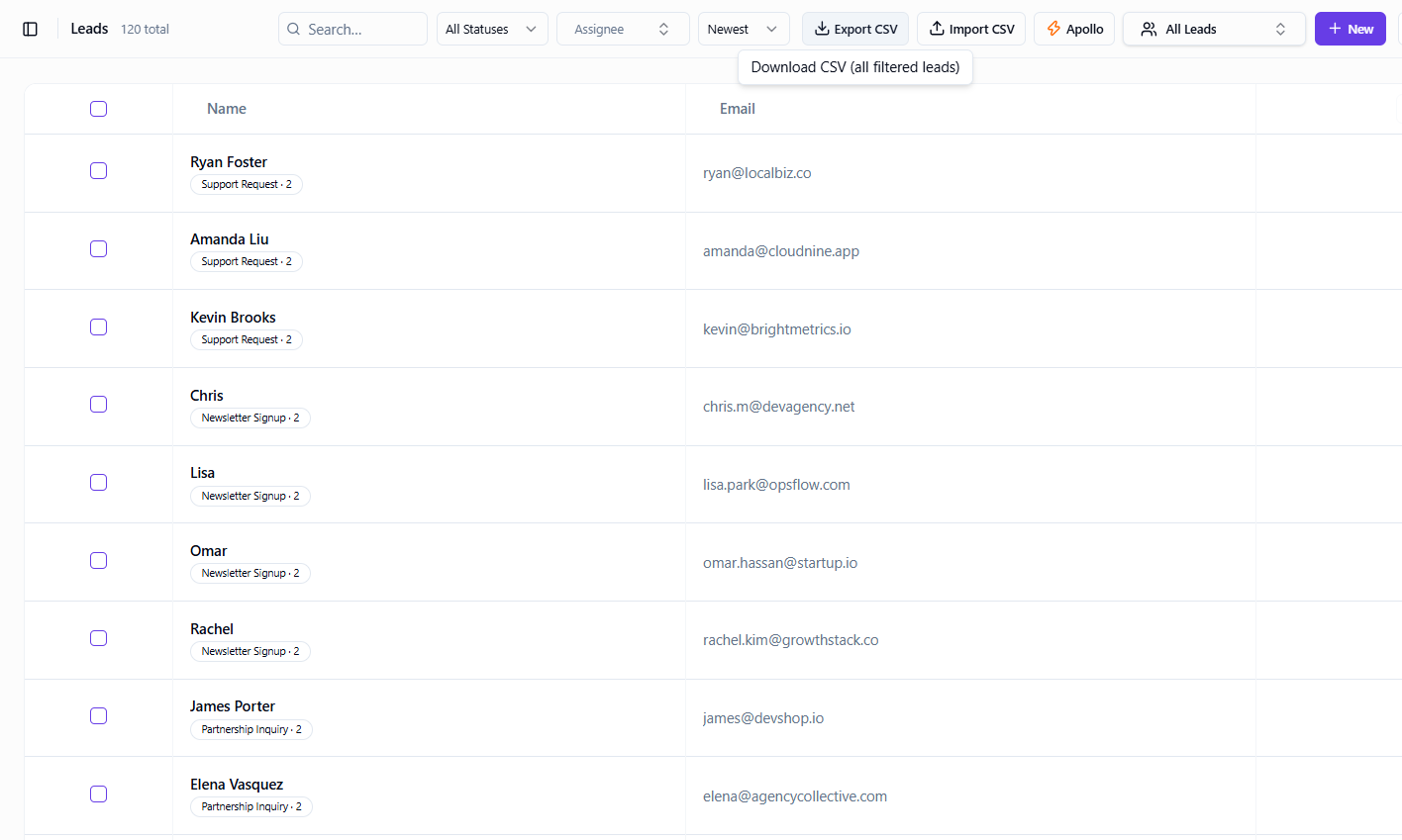 Export filtered leads as CSV