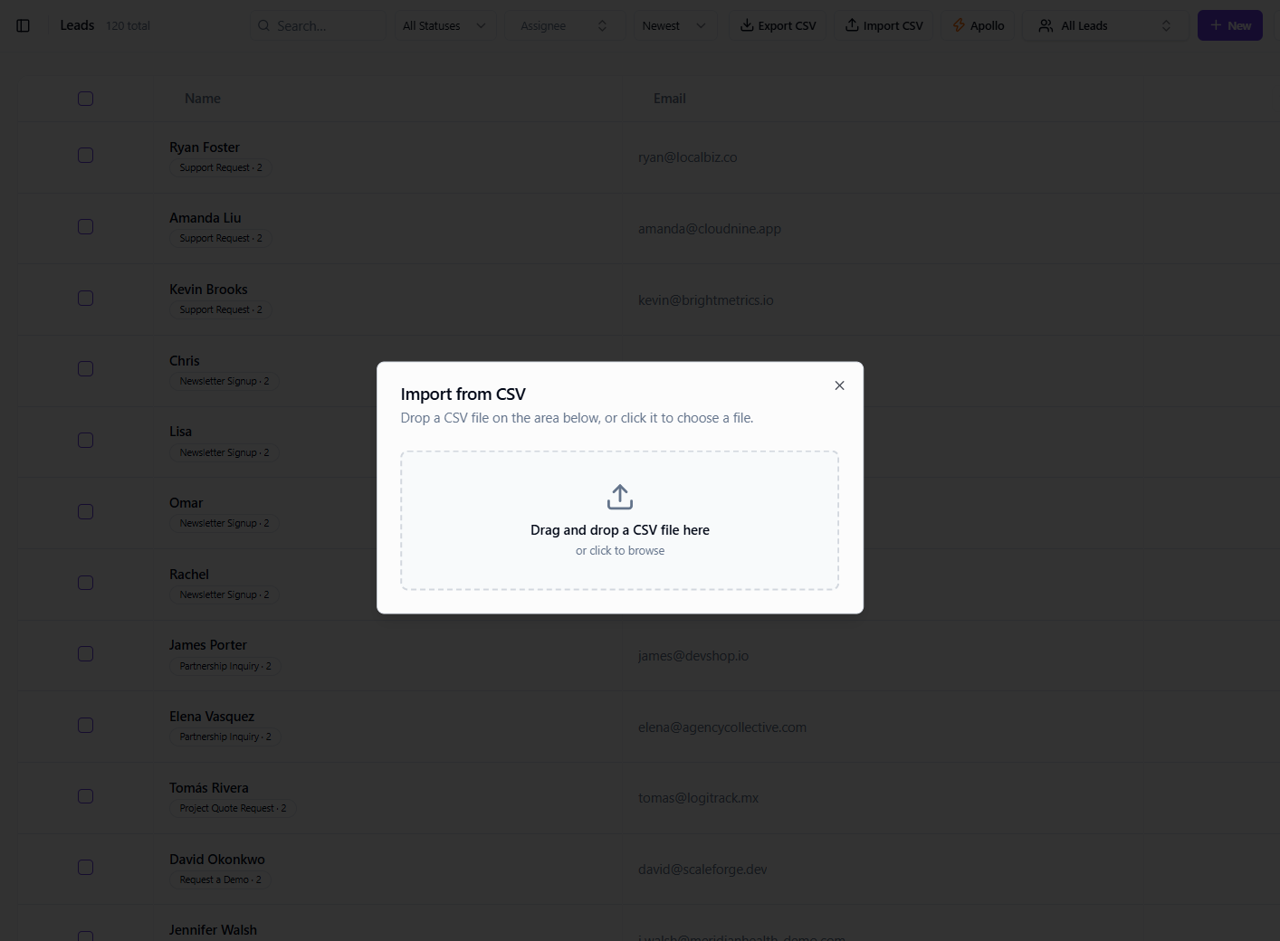 Import CSV dialog for bulk lead upload