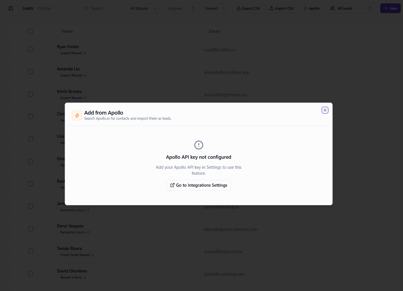 Add from Apollo prospect search and import dialog