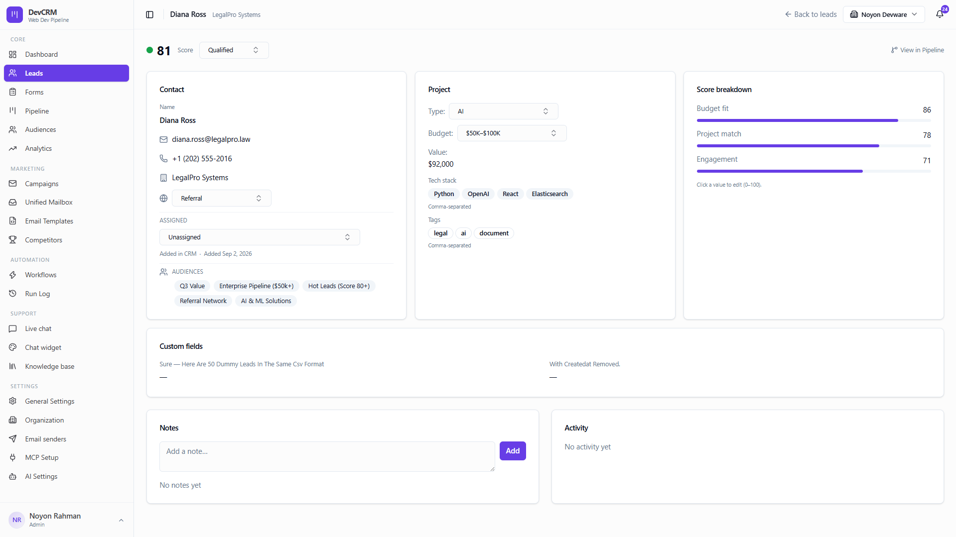 Chat conversation saved as a CRM lead