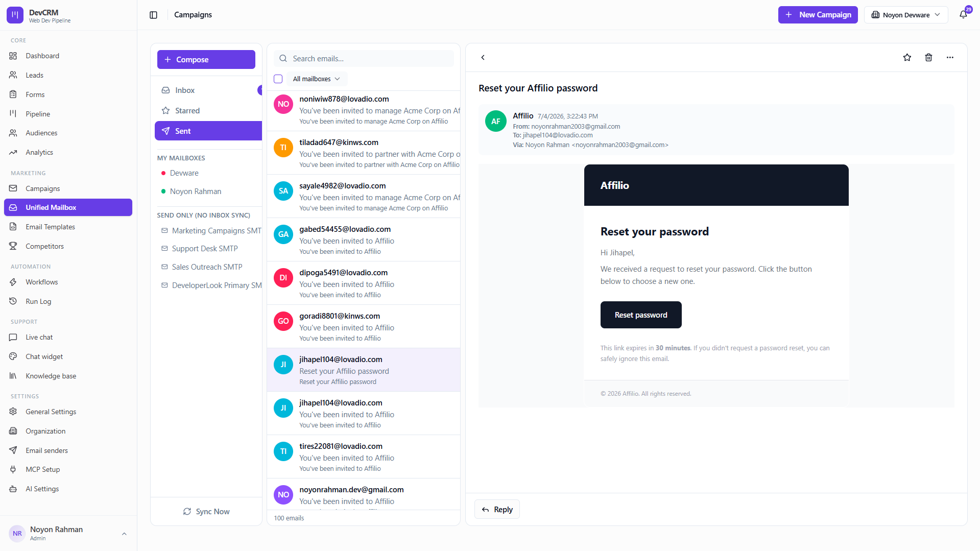 Sent emails synced to lead timeline