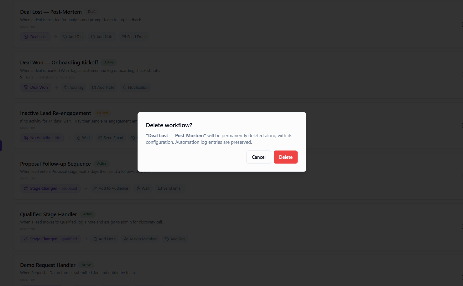 Delete workflow confirmation